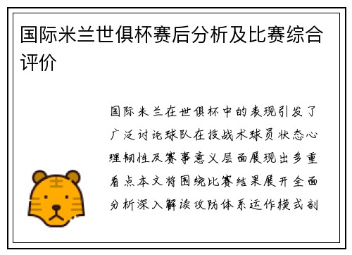 国际米兰世俱杯赛后分析及比赛综合评价