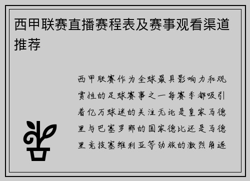 西甲联赛直播赛程表及赛事观看渠道推荐