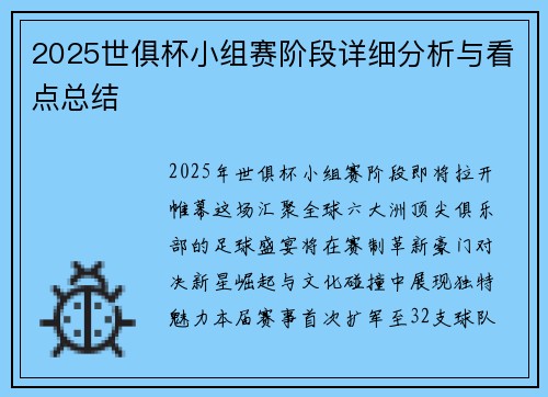 2025世俱杯小组赛阶段详细分析与看点总结