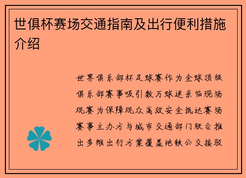 世俱杯赛场交通指南及出行便利措施介绍
